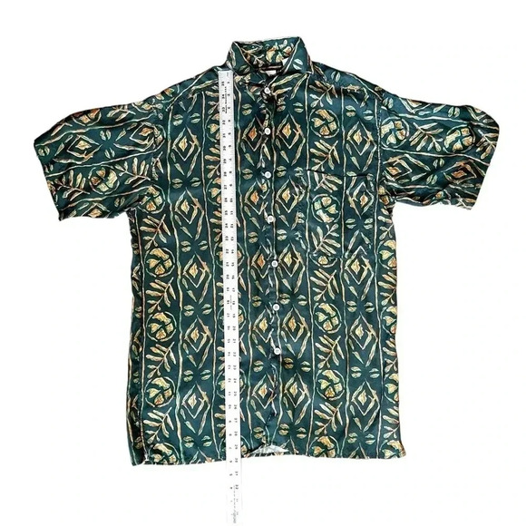 Vtg CEZAR  100% Silk Green / Brown Print Short Sleeve Button Down Shirt sz S - Picture 4 of 7